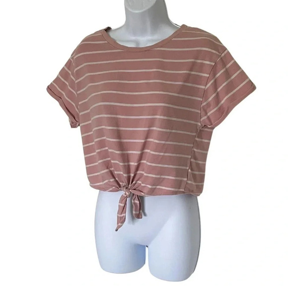 Tie-Up Crop Top Tee - Crew Neck- Pink and White Striped - Women's Size Medium - Picture 5 of 8